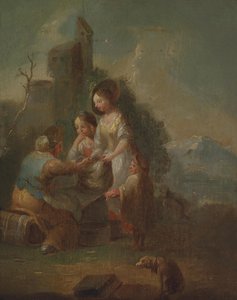 Kinderen die buiten les krijgen door Circle of Johann Georg Platzer
